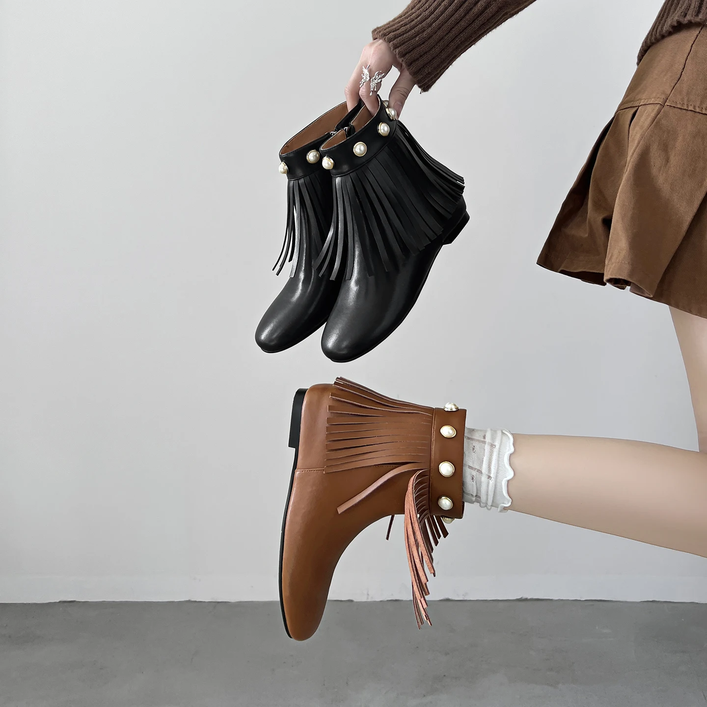 

Autumn Women Boots Genuine Leather Women Shoes Round Toe Chunky Heel Winter Chelsea Ankle Boots Western Boots Increase Height