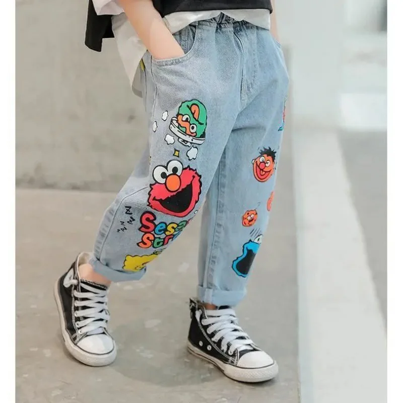 Spring Autumn Baby Boys Pants Kids Jeans Child Girl Cartoon Print Denim Trousers Children\'s Jeans 2 3 4 5 6 7 8 9 10 11 12 Years