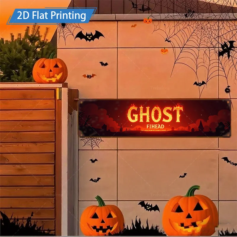 1 قطعة علامة معدنية ، 4x16 بوصة علامة شبح الهالوين Fihead ، طباعة مسطحة ثنائية الأبعاد ، ديكور الخفافيش اليقطين المخيف #4