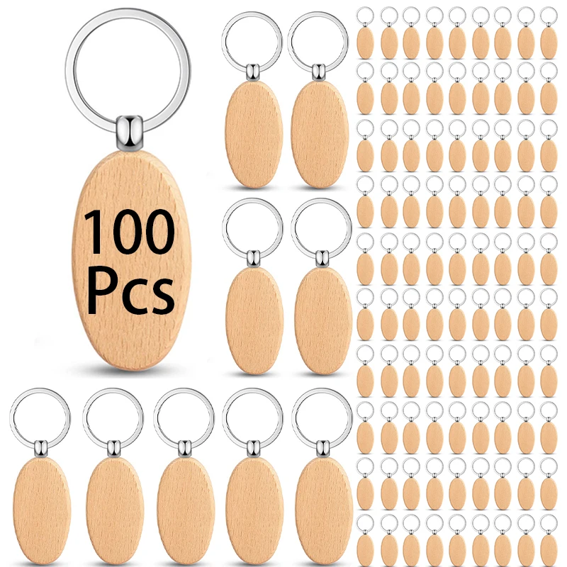 

100Pcs Blank Wood Keychain Wooden Keyring Oval Blank Wood Key Ring