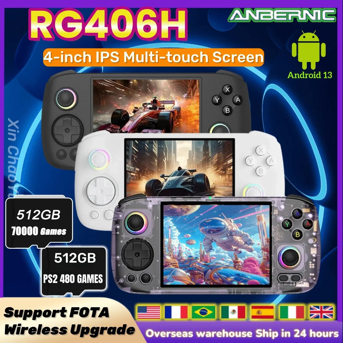 

ANBERNIC RG406H Retro Handheld Game Video Player Console 4 Inch Screen HD Android 13 Bluetooth WIFI 8G+128G 512G PSP PS2 Gift