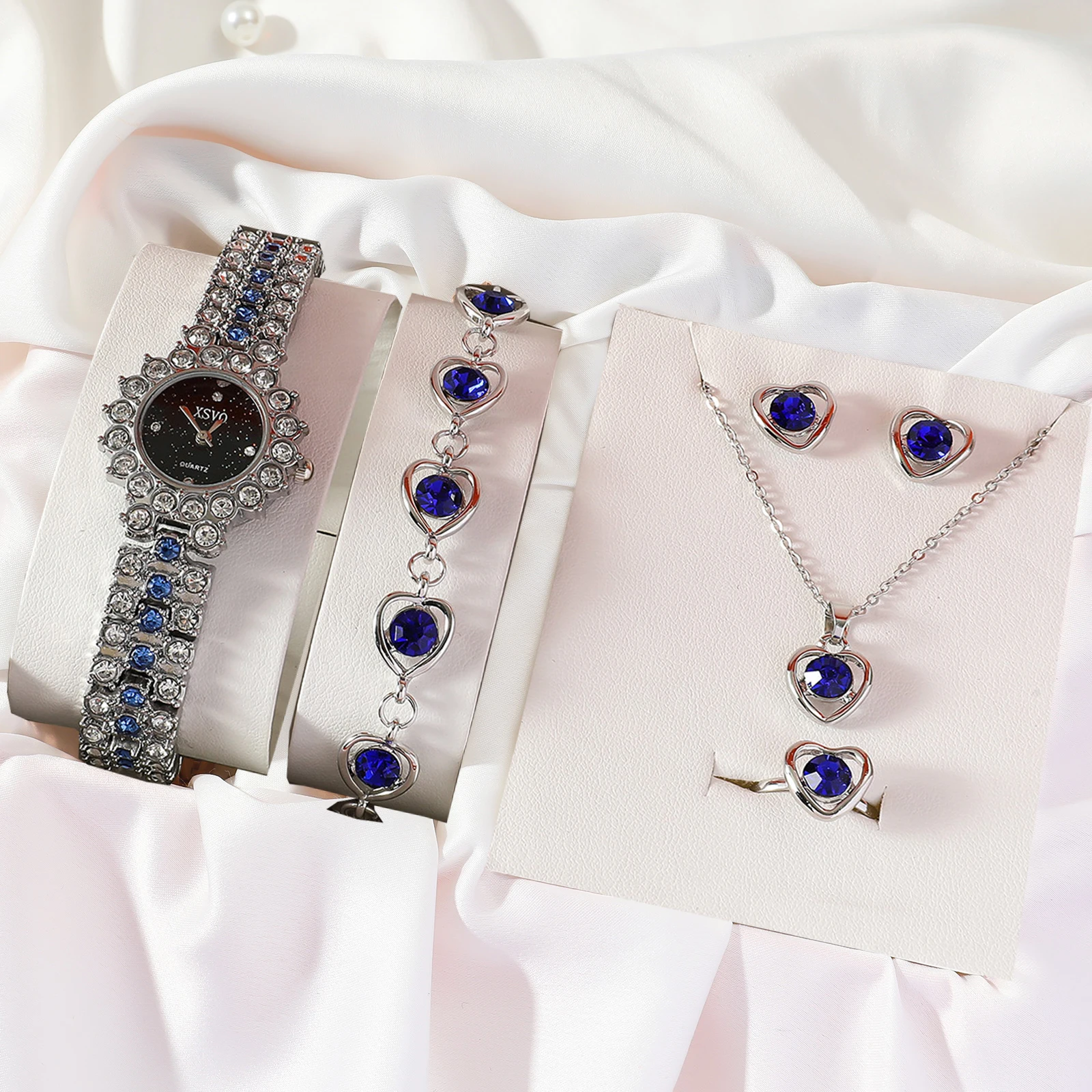 

Новое женское кольцо с сапфиром, ожерелье, браслет, серьги, благородная атмосфера, круглый циферблат, стальной ремешок, комплект кварцевых часов, изысканная роскошь