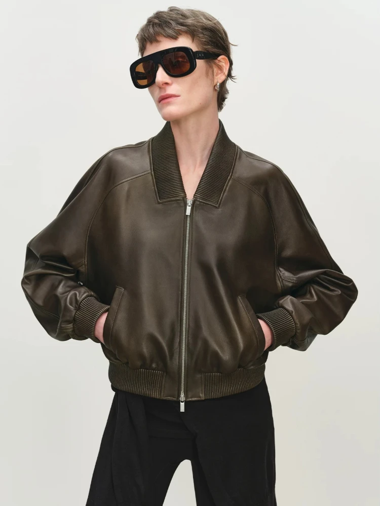 

Vintage Cropped Genuine Leather Bomber Jackets for Women Spring Autumn High-end Simple Stand Collar Solid Real Sheepskin Coat