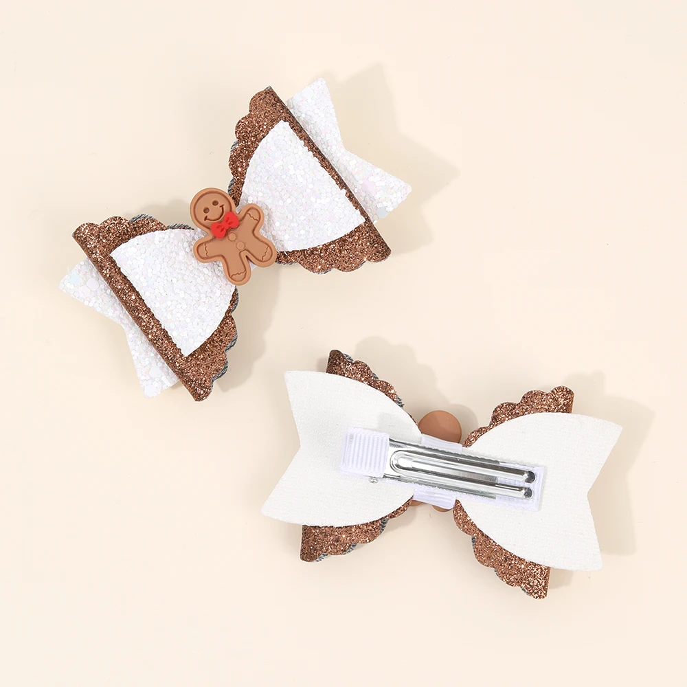 2pcs Sparkle Christmas Bow Hair Clips For Girls Cute Gingerbread Man Barrette Shining Glitter Sequins Hairpins Party Accessories - view 4