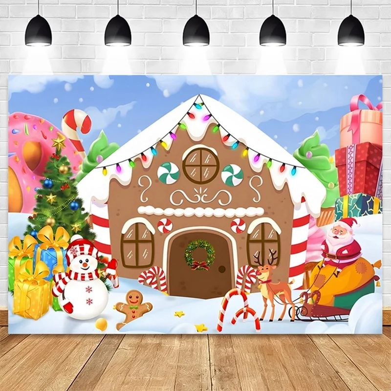 Fondo de fotografía de Casa de pan de jengibre de Navidad, decoración de fiesta de cumpleaños, casa de dulces, 210x150cm