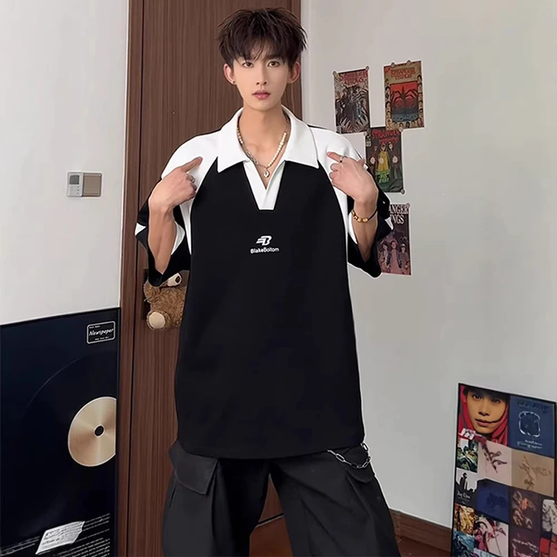WTHT Fashion Men‘s Spliced Contrast Color Embroidery Casual T-shirts Trendy Lapel Short Sleeves Tops Male 2026 Summer 2A2892
