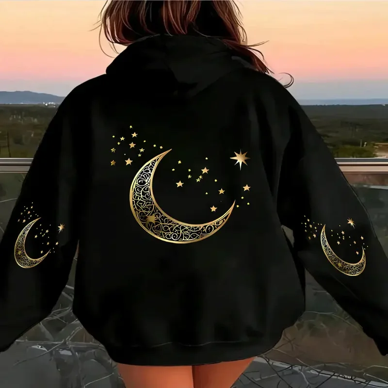 Women Celestial Graphic Hoodie Full Moon And Stars Back Print Hooded Sweatshirt Casual Machine Washable Dailywear And Streetwear
