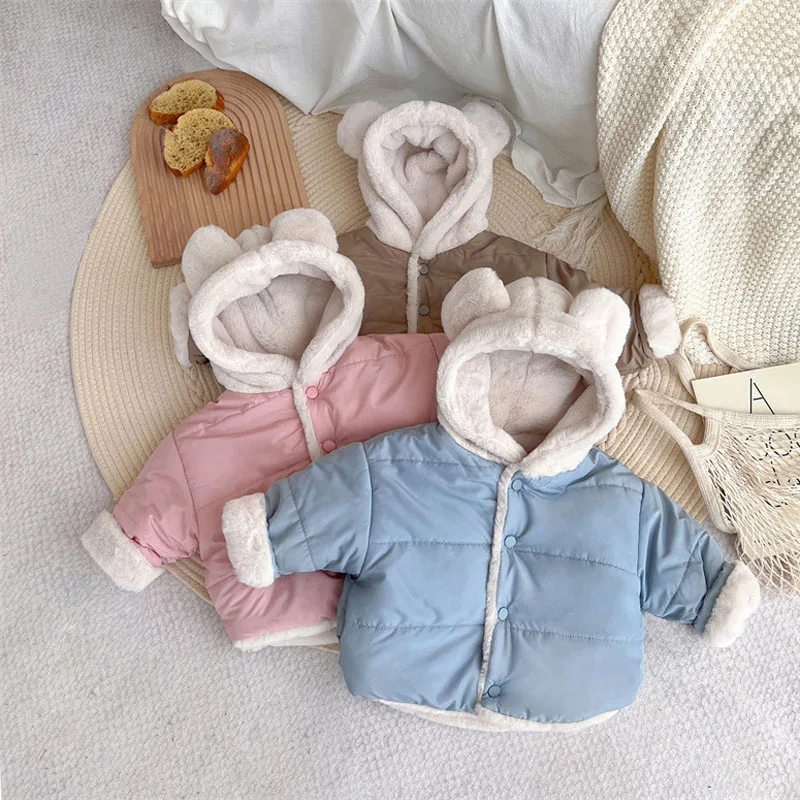 Winter Children\'S Warm Coat Plus Velvet Down Cotton Jacket Small And Medium  Baby Hooded Jacket Boys Girls Plus Thick Sweater