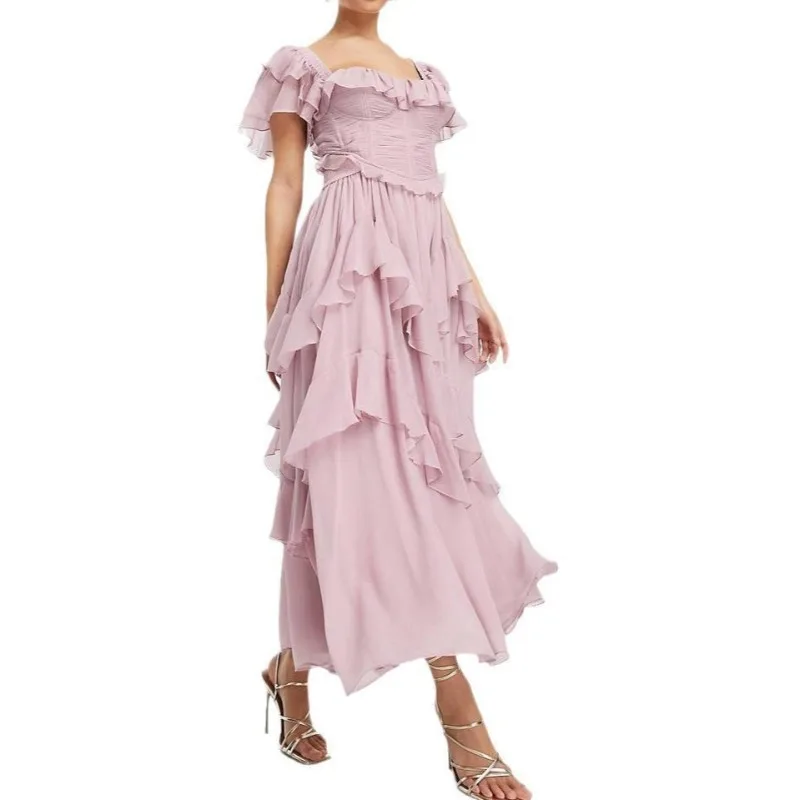 2025 nouveau Vintage vacances bord fleuri dos ouvert creux mode robe irrégulière décontracté femmes à volants bord froissé longues robes