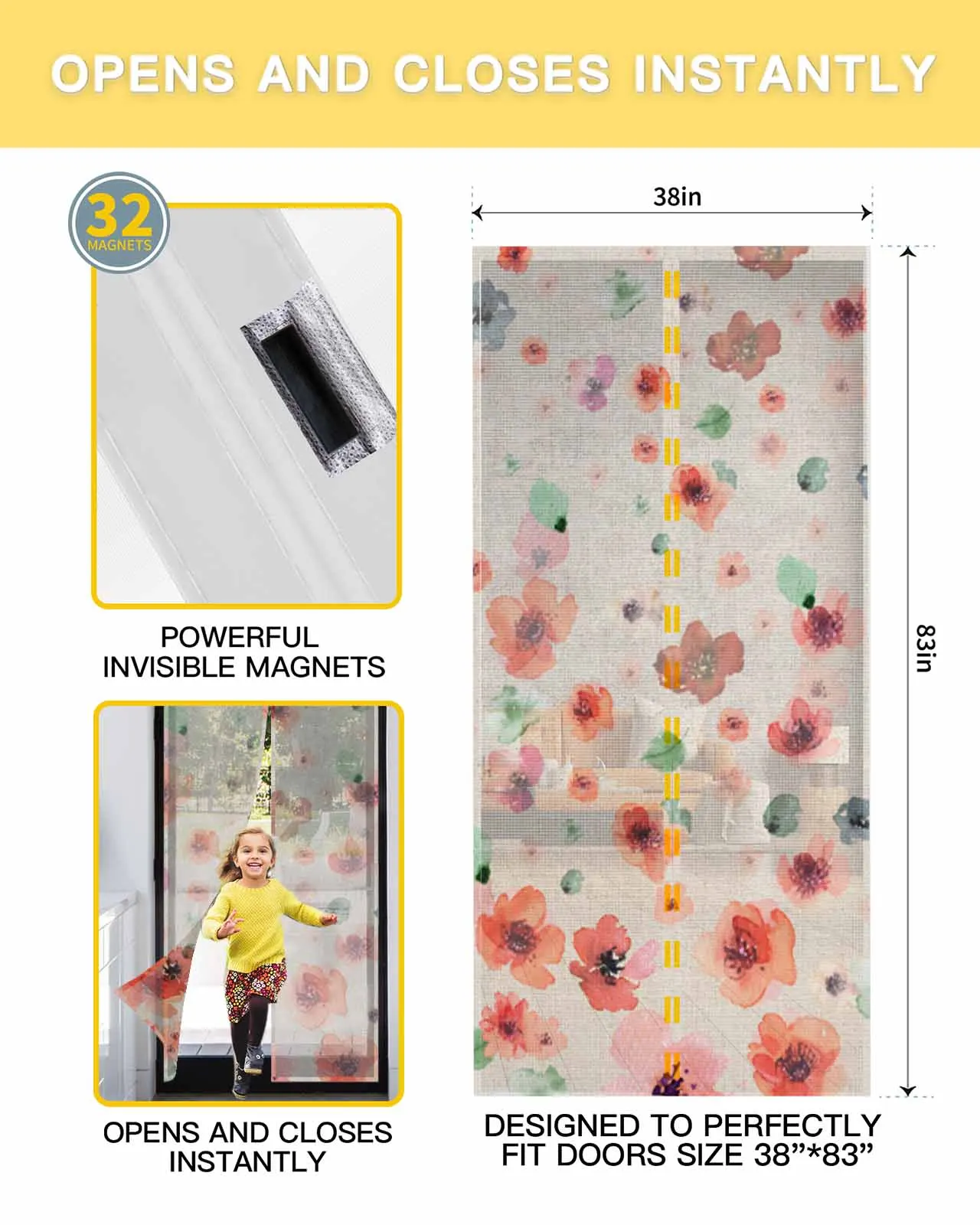 Watercolor Flowers Hand Painted Magnetic Door Curtain Summer Living Room Bedroom Home Anti-mosquito Screen Door Curtain