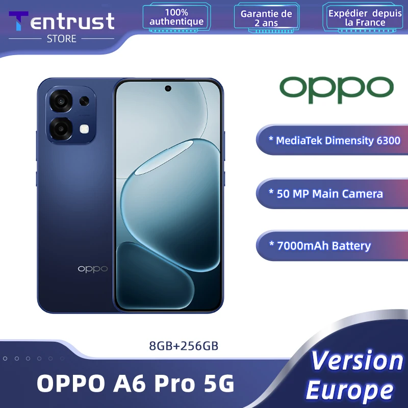 Version ue OPPO A6 Pro 5G Smartphone 7000mAh batterie MediaTek dimension 6300 120Hz AMOLED affichage Ultra lumineux 50MP AI caméra principale IP69 Version ue OPPO A6 Pro 5G Smartphone 7000mAh batterie MediaTek dimension 6300 120Hz AMOLED affichage Ultra lumineux 50MP AI caméra principale IP69