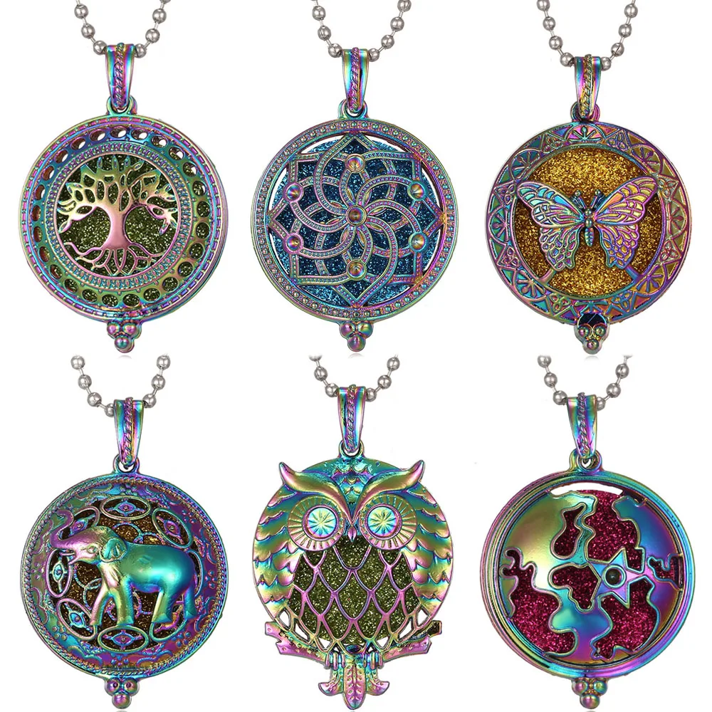 New Colorful Aromatherapy Necklace Vintage Flower Butterfly Tree Owl Essential Oil Diffuser Necklace Perfume Lockets Pendants