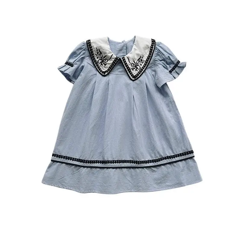 Y2K Style Summer 2026 New Doll Collar French Embroidered Girls Dress Lace Bubble Short Sleeve Princess Skirt Children's Clothing 6