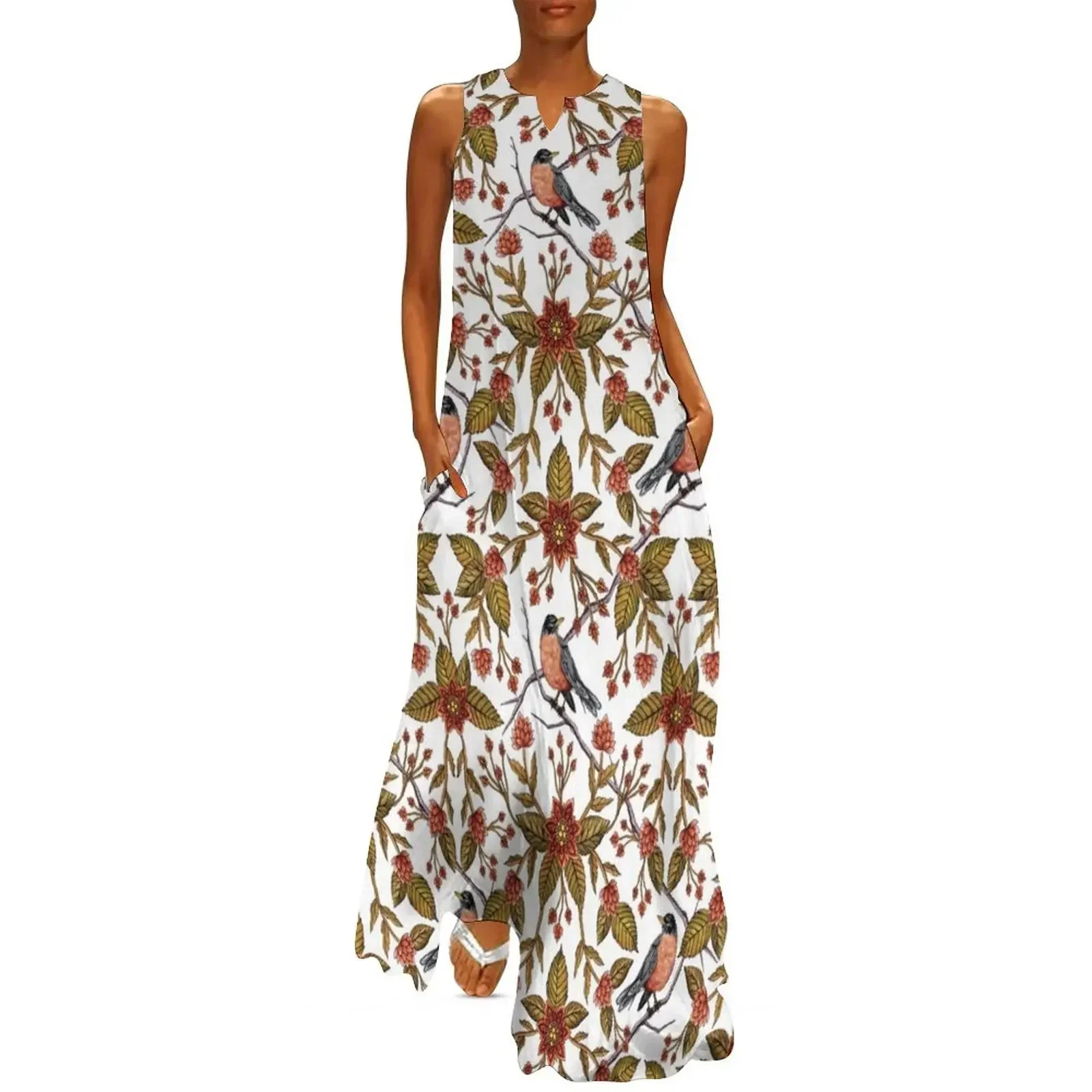 

New Beginnings - Spring/Summer Floral Pattern With Robins, Branches & Flowers Long Dress Clothing female Dress