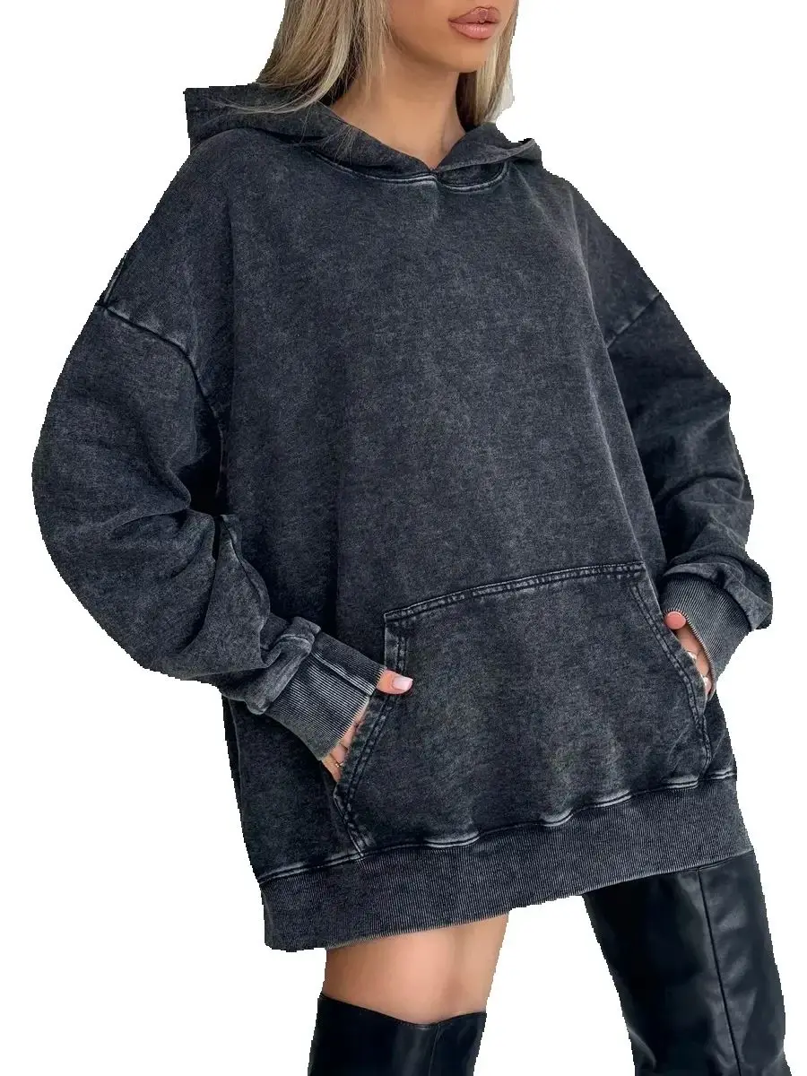 American Style Warm Autumn And Winter, Fashionable White Loose Versatile Old Retro Temperament Washing Black Hooded Sweatshirt