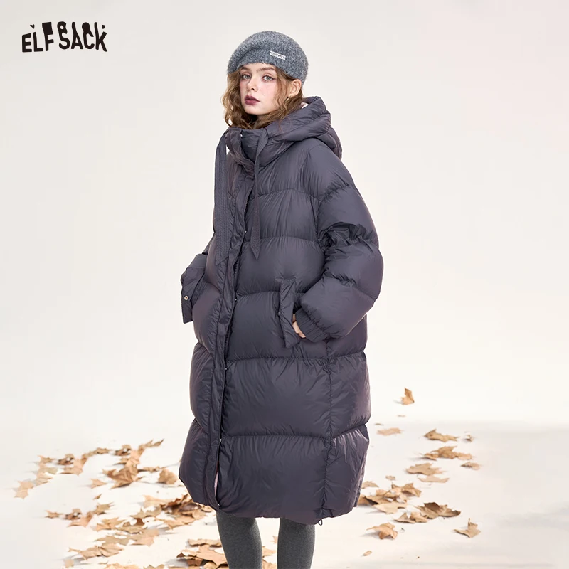 ELFSACK Minimalist Casual Pink Purple Color Block Hooded Puffy Long Down Coat For Women