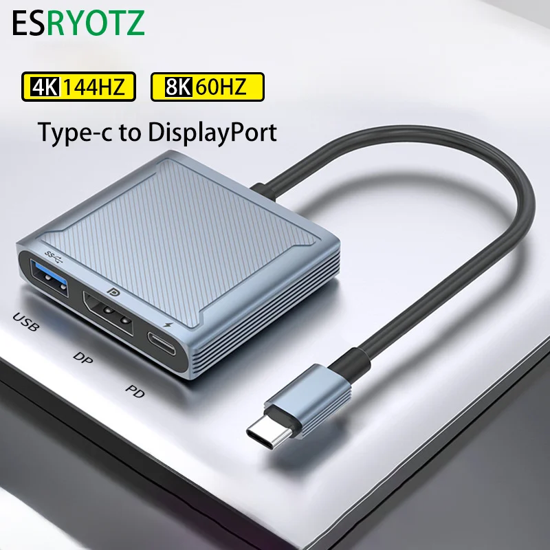 8K 60Hz USB C to Displayport 144Hz hud Thundrbolt USB-C to DP 3 in 1 Hub dock cable Type C to DisplayPort 1.4 cable for Mackbook