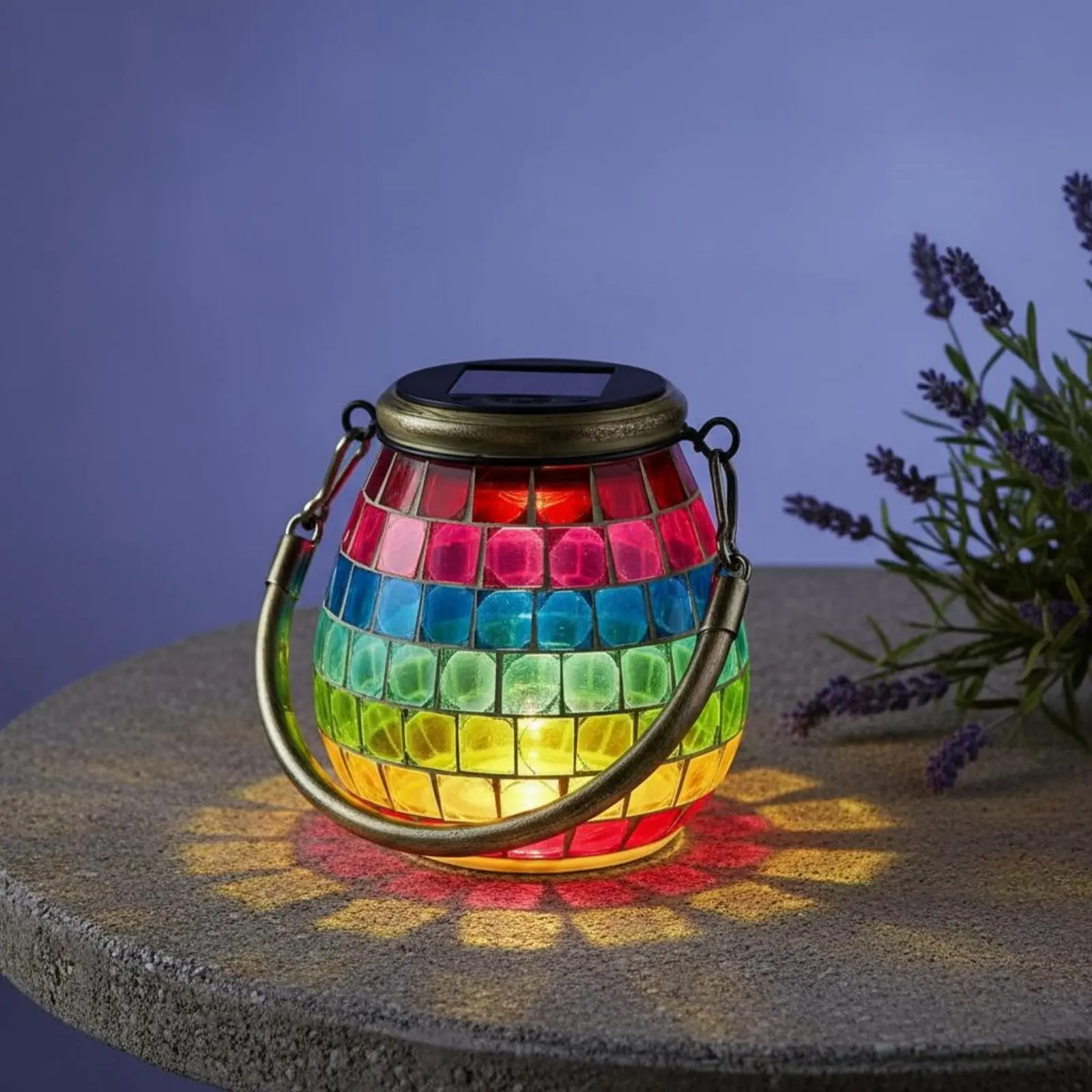 Solar Mosaic Lantern Ambient Radiance Solar Glass Lantern Handheld Table Lamp Handmade Look Warm Soft Radiance for Nighttime