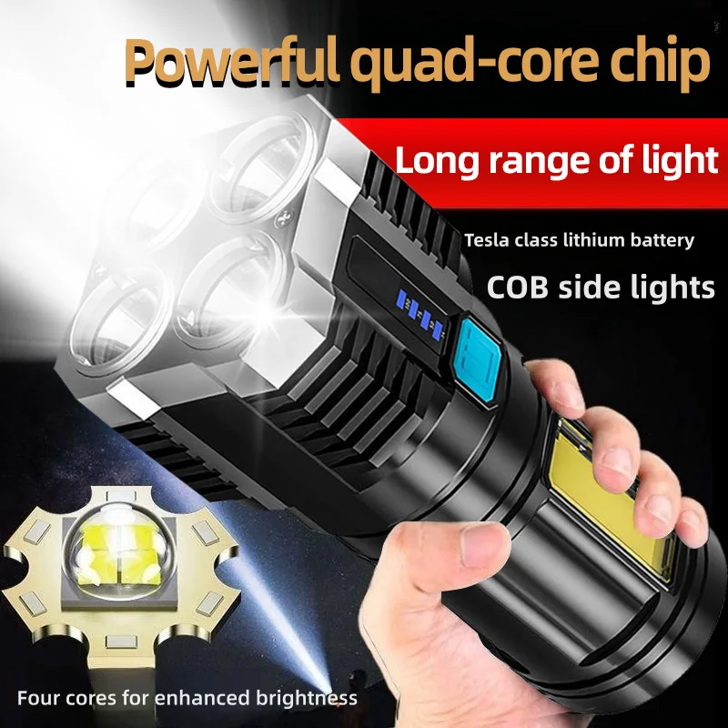 Strong Light Flashlight Camping Torch Rechargeable Multifunctional Portable Hand Lantern with 4 Lamp Beads and COB Side Light