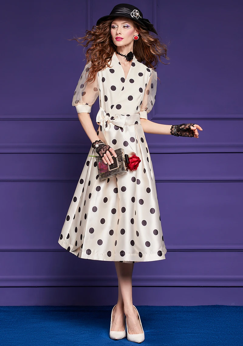 ZJYT Designer Summer Polka Dot Print Dress Women 2024 Fashion Short Sleeve Vintage Midi Prom Party Dresses Black Aline Vestidos