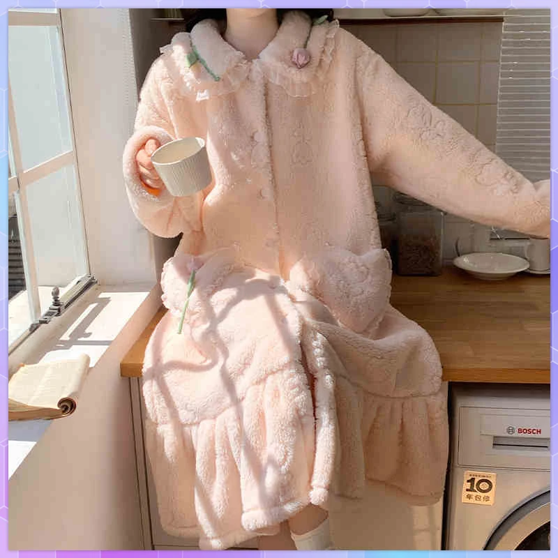 

Winter Warm Sleepwear Robe Women's Pajamas Flannel Coral Fleece Kimono Nightgown Long Sleeve Cute Thickened Home Wear Cardigan