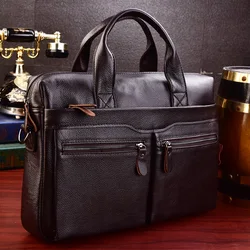 Maletín de cuero genuino suave para hombre, bolso de negocios para ordenador portátil de 15 pulgadas, de cuero de vaca de doble capa, bandolera de trabajo, color negro