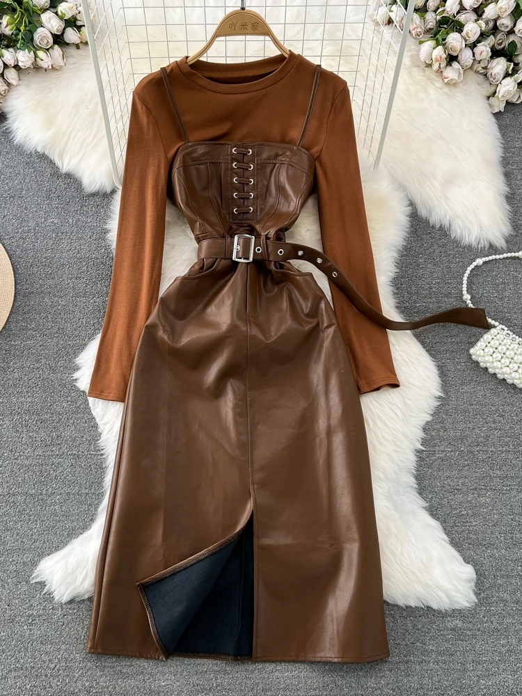 Women's PU Slip Dress Set 2024 Autumn Round Neck Base Shirt+Leather Split Camisole Dresses 2PS Spicy Girl Motorcycle Wear Trend