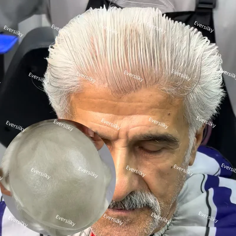 60RY اللون الأبيض الرجال شعري طبيعي الشعر المستعار كامل pu 0.02 مللي متر سوبر رقيقة الجلد رجالي الشعر المستعار 100% الهندي خصلات الشعر المستعار الإنسان للذكور #1