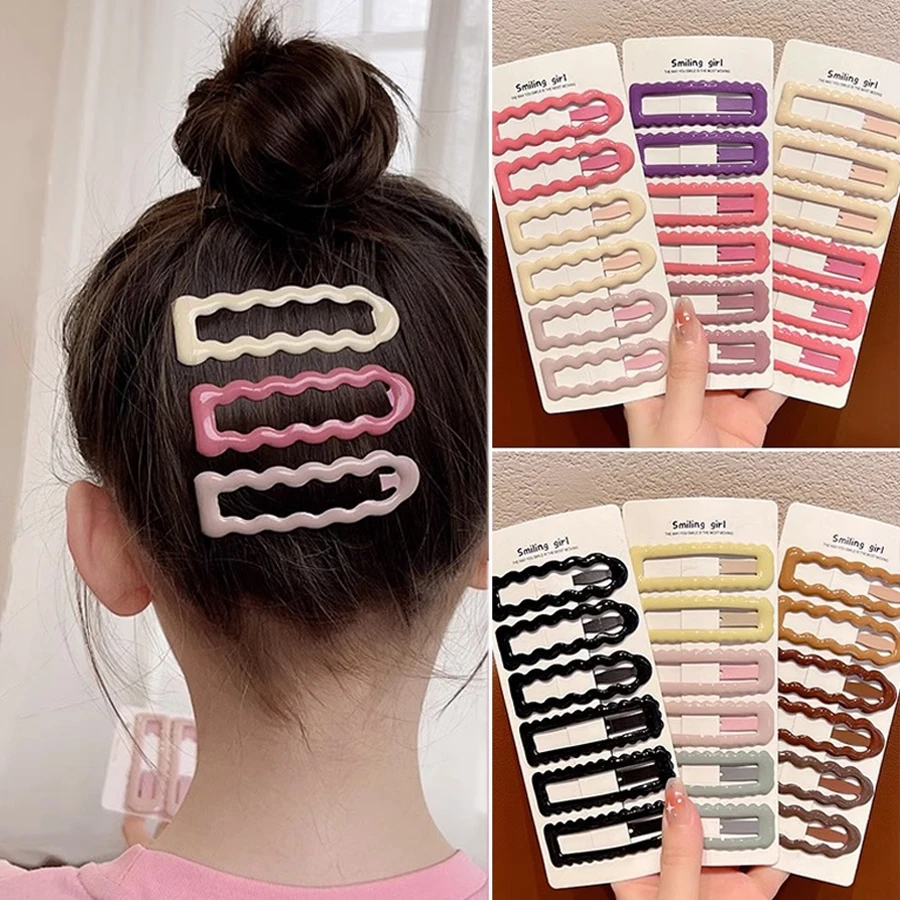 6Pcs BB Hair Clips Solid Color Wavy Hollow Rectangle Metal Barrettes Daily Bangs Hair Accessories For Women Girls