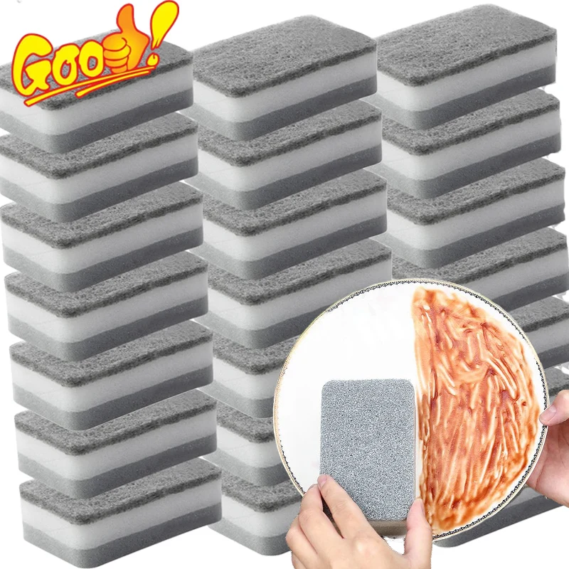 50/1pcs Double-Sided Cleaning Sponge Brush Pan Pot Dish Washing Scrub Wipe Kitchen Descaling Sponges Rub Reusable Scouring Pads