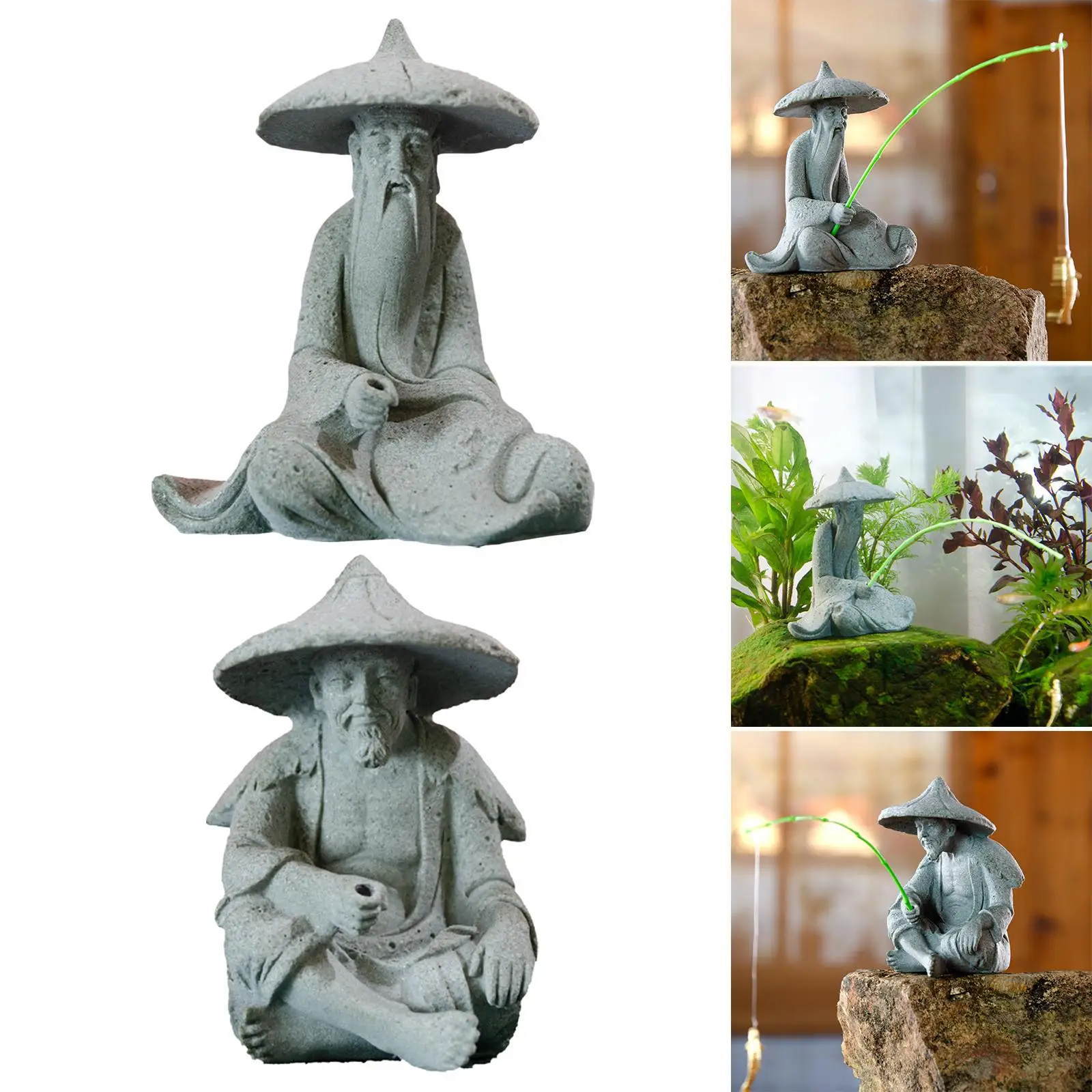 Resin Aquarium Ancient Chinese Fisherman Characters Statue Home Decor with Textured Appearance Details ,Salt and Fresh Water Use