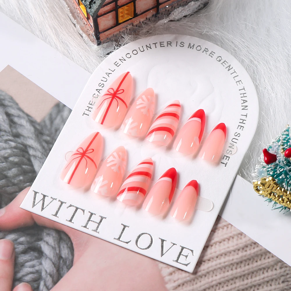 24 unids/set Navidad almendra prensa en uñas brillante raya roja y blanca sombrero de Navidad copo de nieve blanco uñas postizas Festival uñas postizas