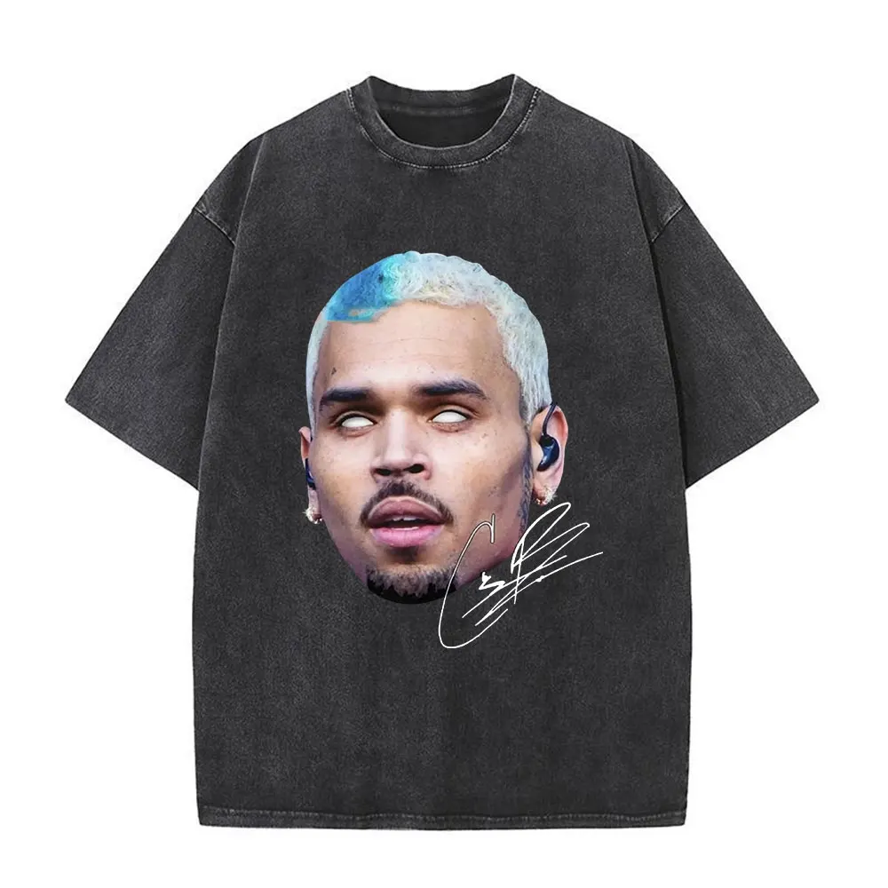 Rapper Chris Brown Big Face Graphic Vintage Washed T-Shirts Men Women Summer 100% Cotton Casual Short Sleeve T Shirts Streetwear