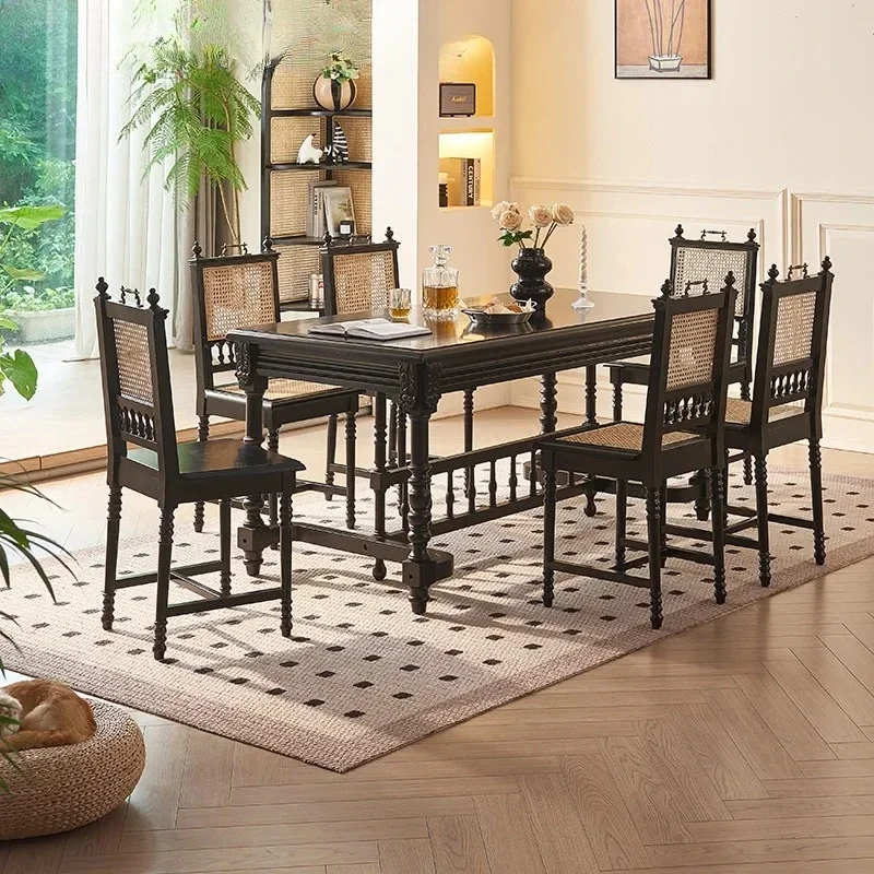 Ja American solid wood dining table retro creative rattan dining table and chair combination high-end restaurant hotel table