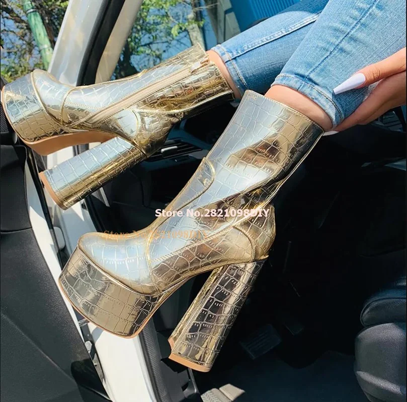 

Golden Alligator Pattern Leather Thick Platform High Heel Ankle Boots Women Block Heeled Short Bota