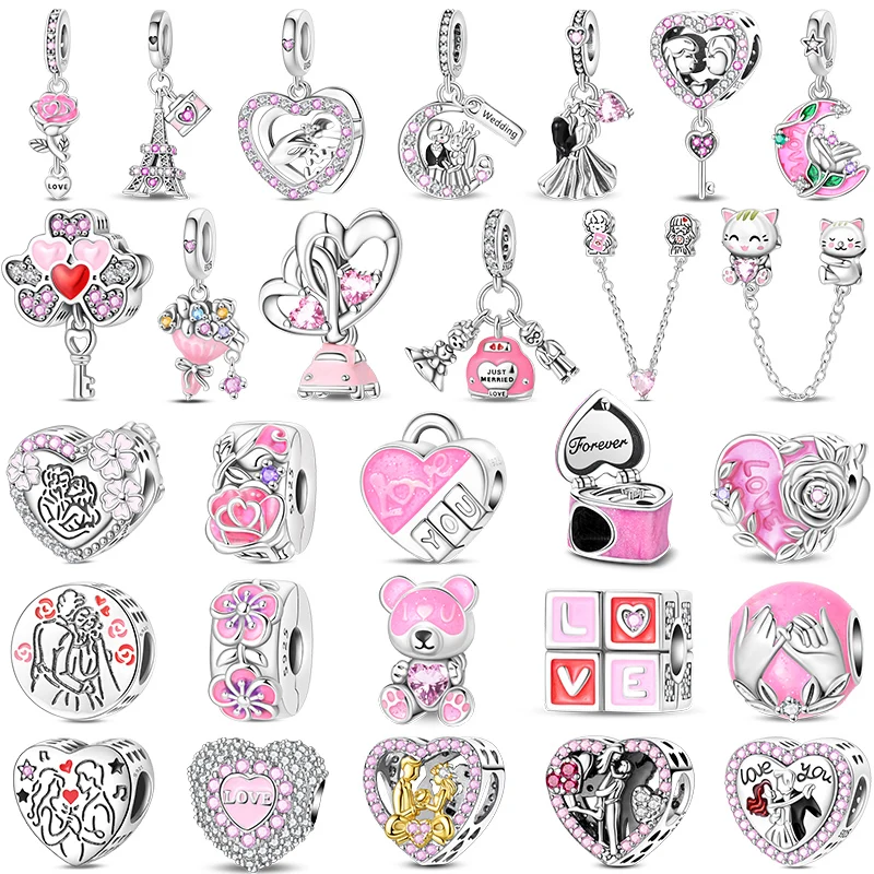 Charm-Anhänger aus 925er-Sterlingsilber, rosa Liebesserie, Liebeswürfel, kleiner Bär, leuchtender Anhänger, passend für Original-Armbänder, romantischer Hochzeitsschmuck