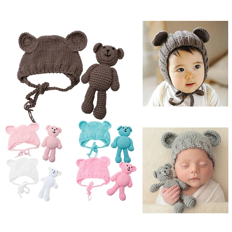 

Handmade Newborn Photography Props Crochet Hat Set Jammies Pajamas with Bear DIY Photo Studio Accessories