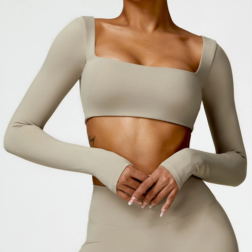 New Sexy Square Neck Long Sleeve Yoga Shirts For Women Quick Dry Solid Gym Sports T-Shirts Fitness Running Short Tops With Pads