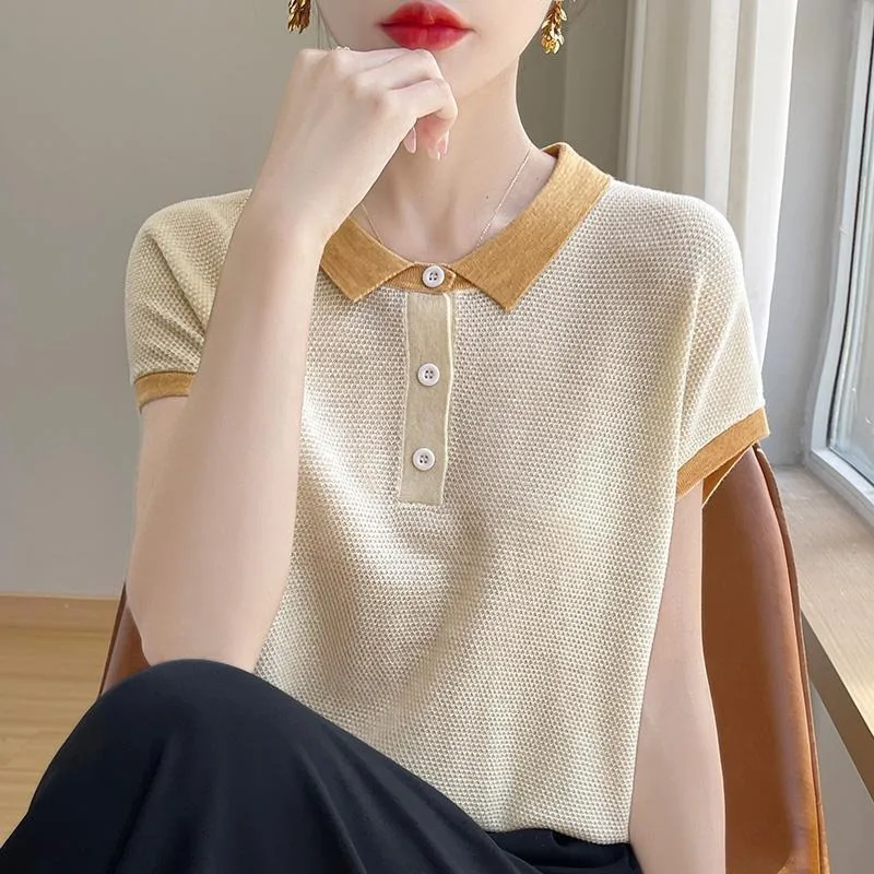 Women Summer Sweater Polo Neck Korean Fashion Short Sleeve Tee Pullover Loose Casual Ice Silk Female Outwear Clothing view 3