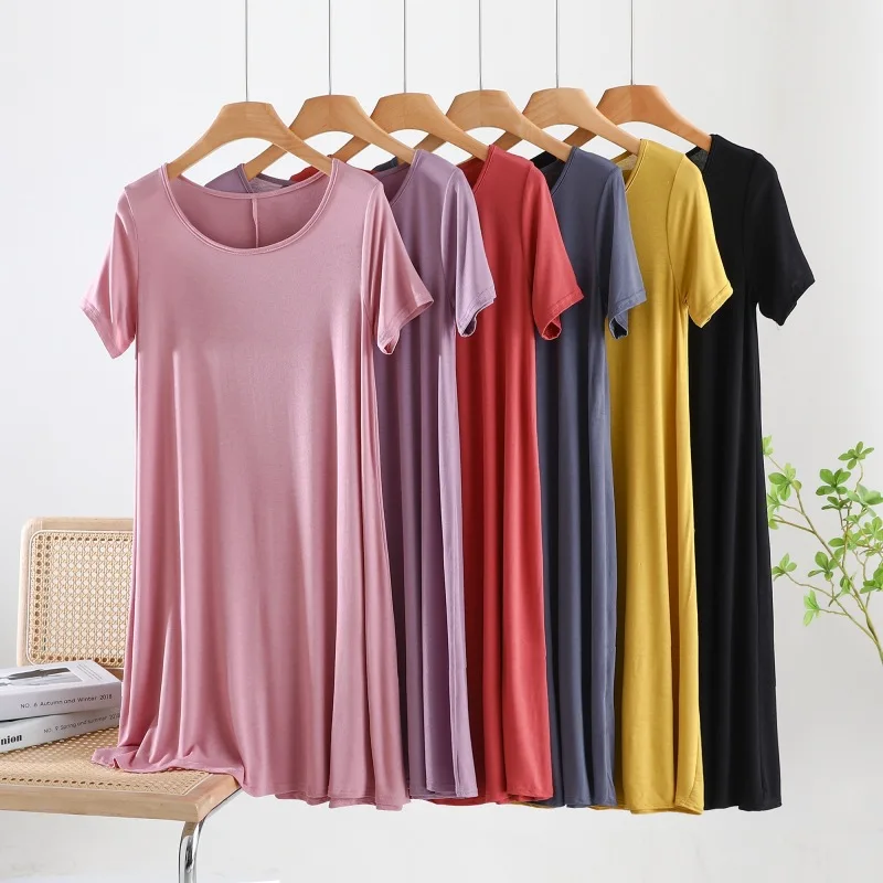 

Свободная женская домашняя одежда из модала с коротким рукавом, летняя, А-силуэт, юбка до колена, большие размеры, удобная, из эластичного волокна