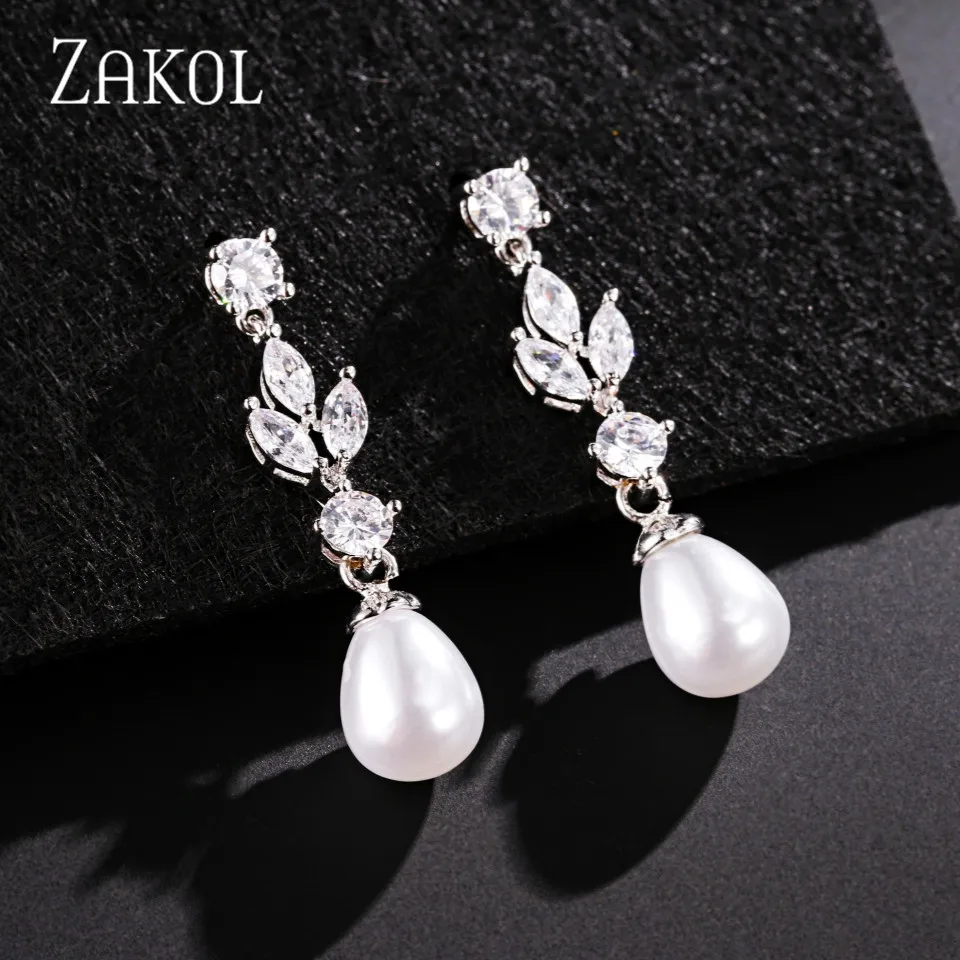 

ZAKOL Fashion 7mm Imitation Pearl Drop Dangle Earrings for Women Marquise Cut Cubic Zirconia Leaf Wedding Jewelry Bijoux