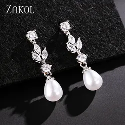 ZAKOL Fashion 7mm Imitation Pearl Drop Dangle Earrings for Women Marquise Cut Cubic Zirconia Leaf Wedding Jewelry Bijoux