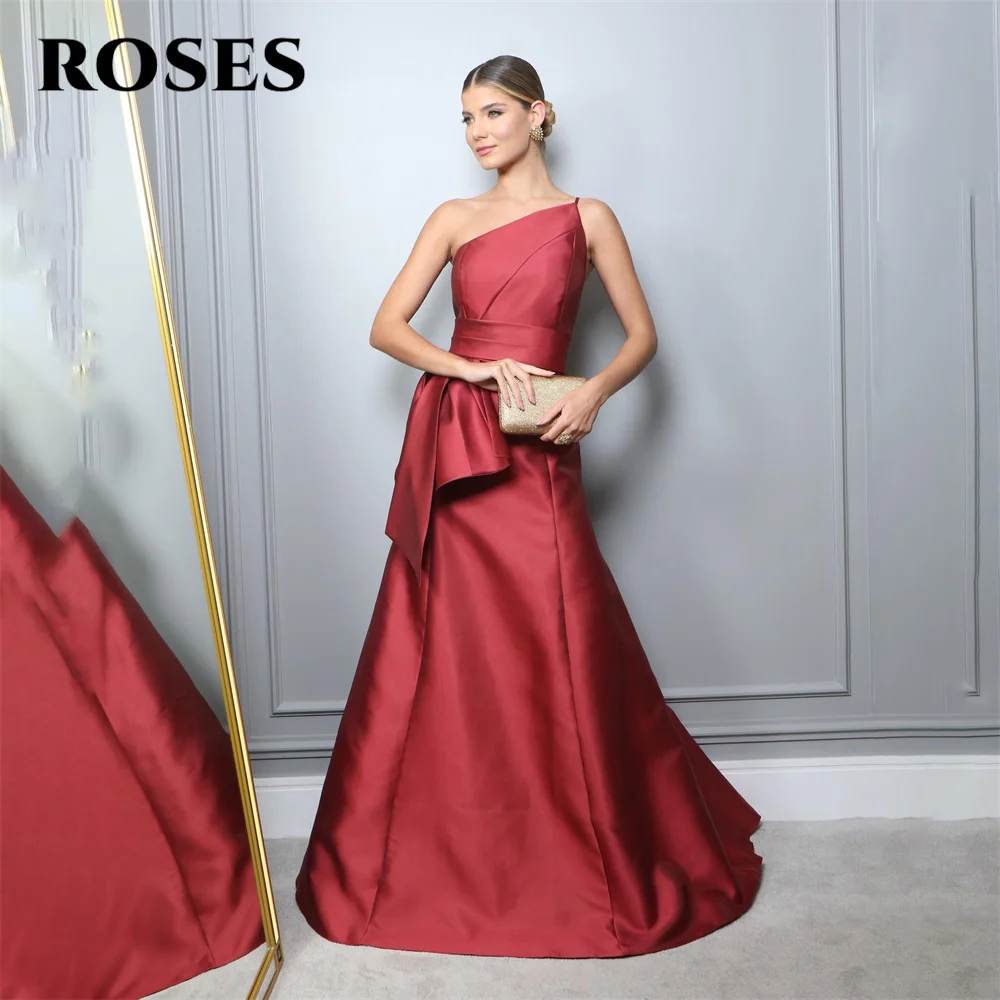 

ROSES Burgundy Stain Evening Gown One Shoulder Sleeveless Elegant Prom Dress Pleat A Line Wedding Evening Dress robes de soirée