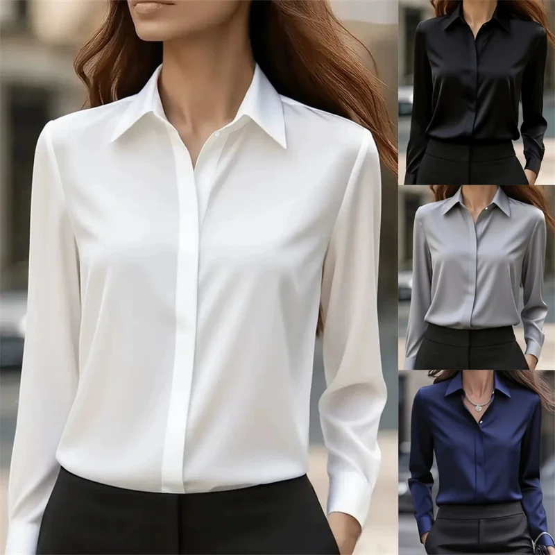 Fashion Elegant Solid Color Lapel Neck Shirt Female 2025 Spring Autumn Simple Style Tops Women's Comfortable Casual Satin Blouse