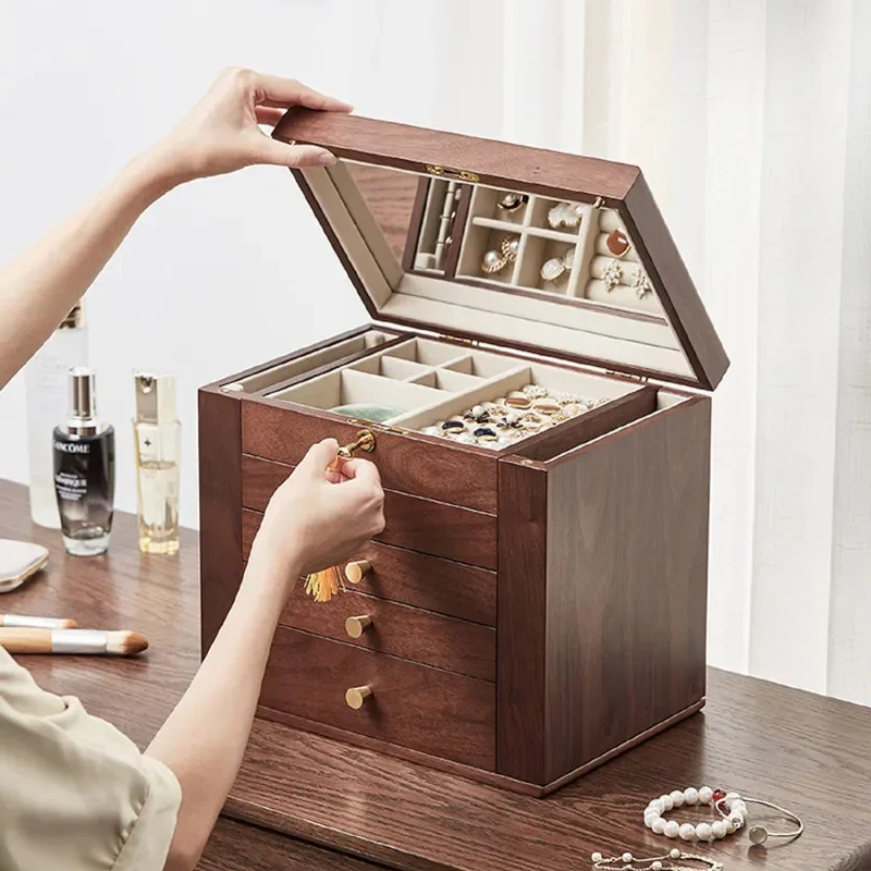 Retro Solid Wood Jewelry Box Five Layer Drawer Organizer for Stud Earrings Rings Watches Gift Storage Packaging Case Home
