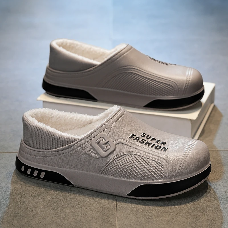 Men's fleece-lined slippers with thick soles, half-closed, warm for winter, non-slip, indoor and outdoor home shoes
