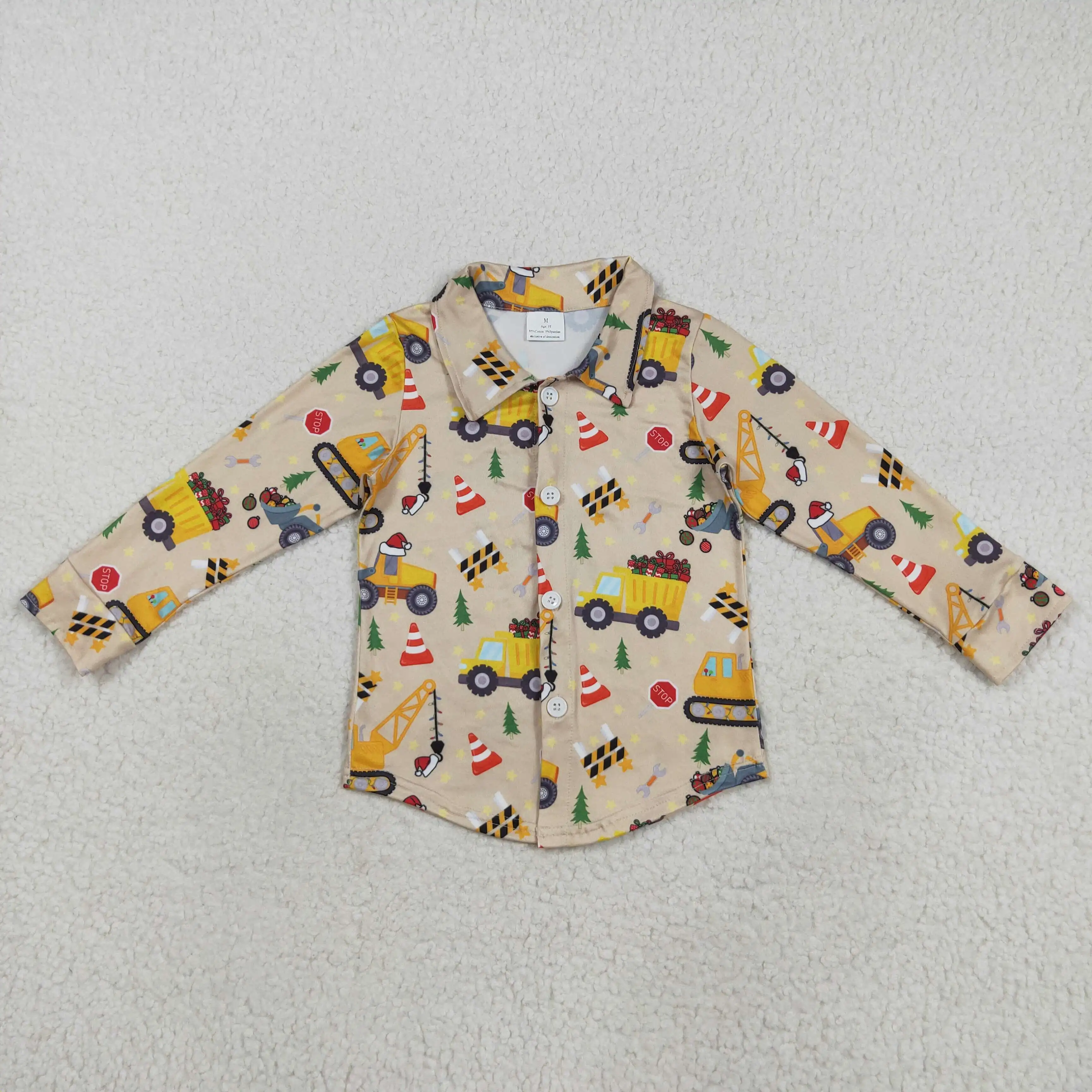 

Christmas boys shirts wholesale boutique construction truck pattern brown button neck children's boy long sleeve top