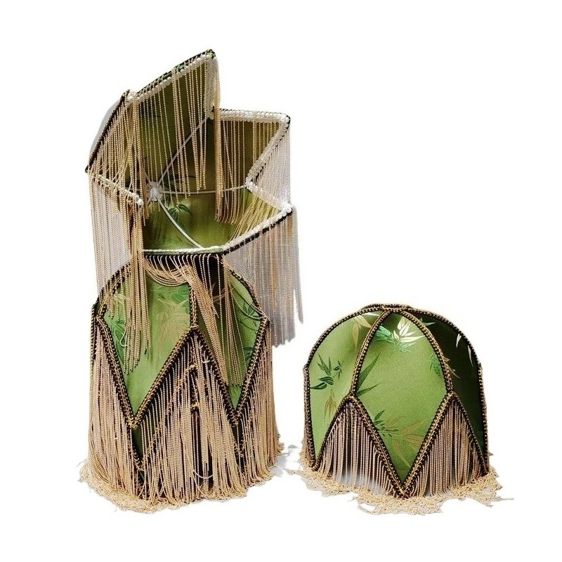 

Green Tassel Table Lamp shade, Retro Fabric Bedside Lampshade Premium Classic Victorian Style Nightstand Lamp w/ Beaded Fringe