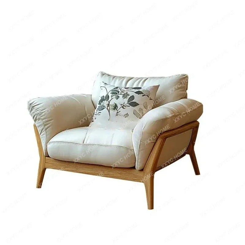 AANew Chinese Walnut Leather Sofa Chair Single Leisure Solid Wood Recliner Living Room Balcony Light Luxury Modern Tiger Chair