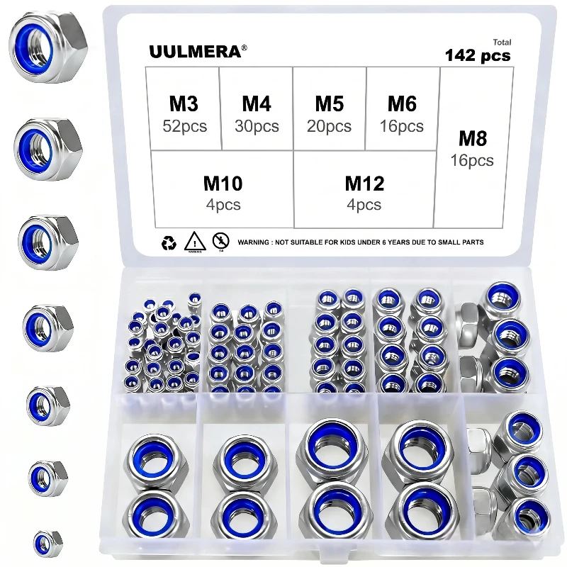 142-teiliges DIN985 Nylon-Einsatz-Sicherungsmuttern-Set M3-M12, 304 Edelstahl Sechskant-Nylock-Muttern-Sortiment, Rutschfeste Befestigungselemente